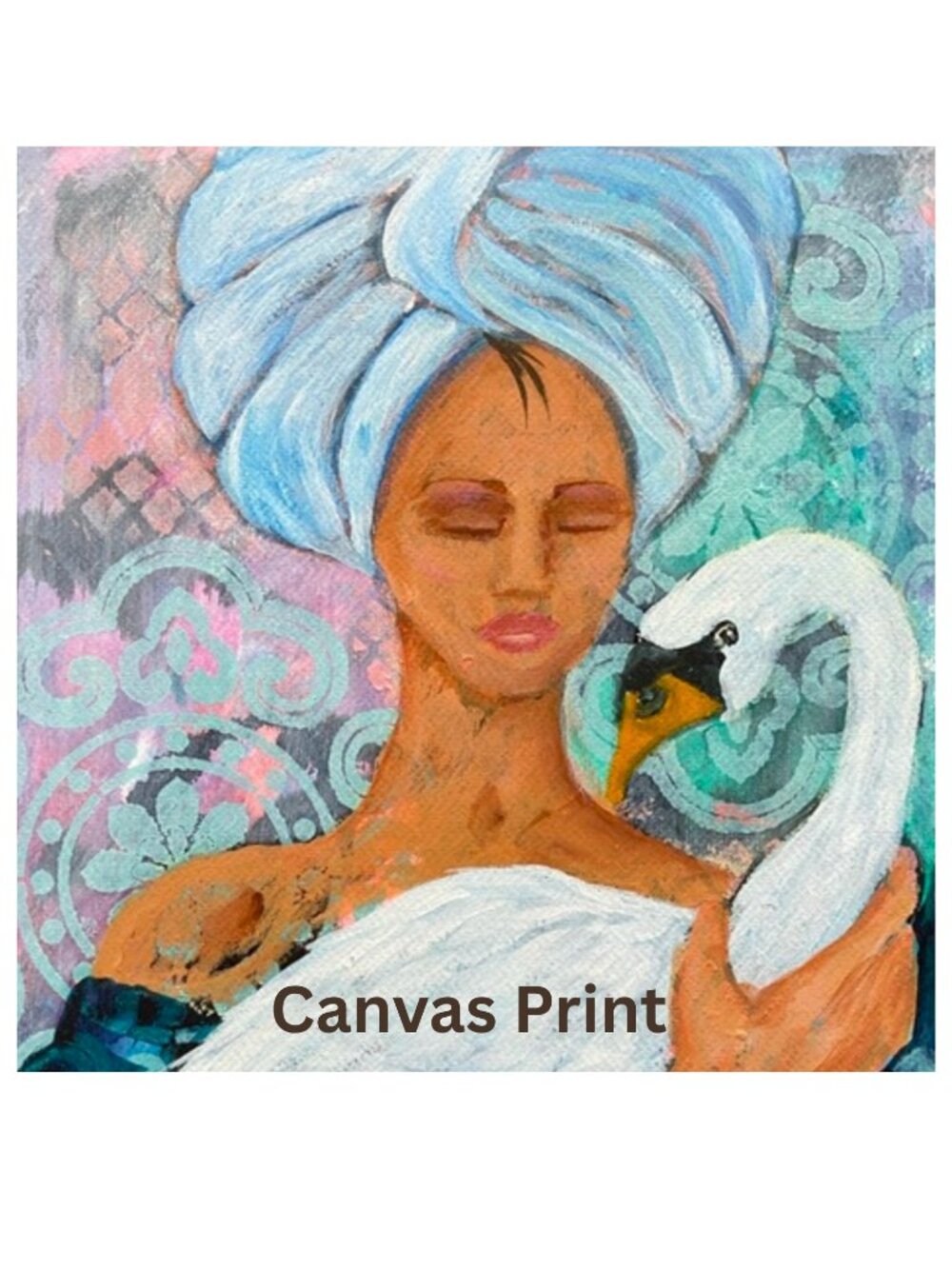 Blue Towel Turban Woman with White Swan Canvas Print Art